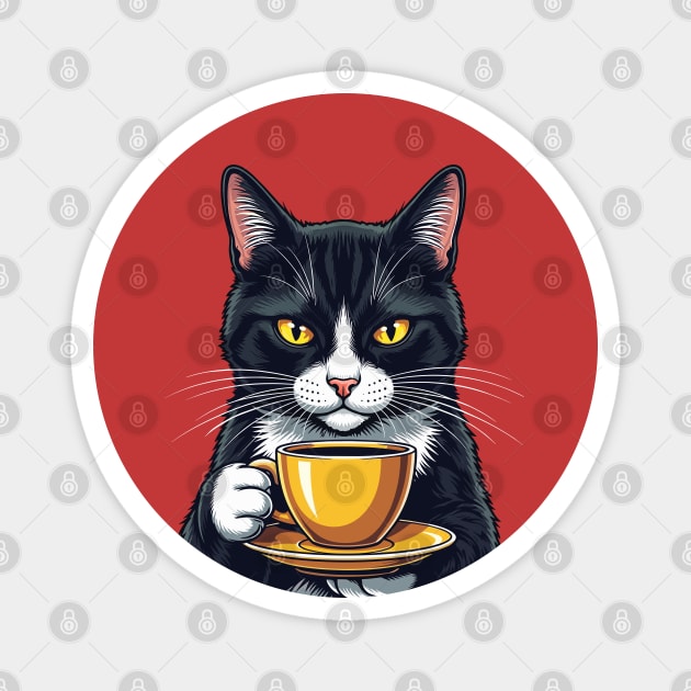 Smug Black Cat Sipping Steamy Coffee Magnet by enrynz